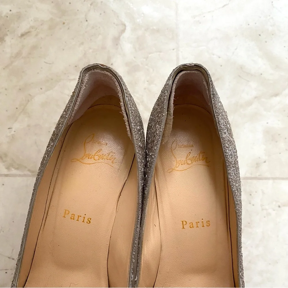 Christian Louboutin Silver Glitter Gold Spikes Pointed Toe Pumps Heels 7.5/37.5